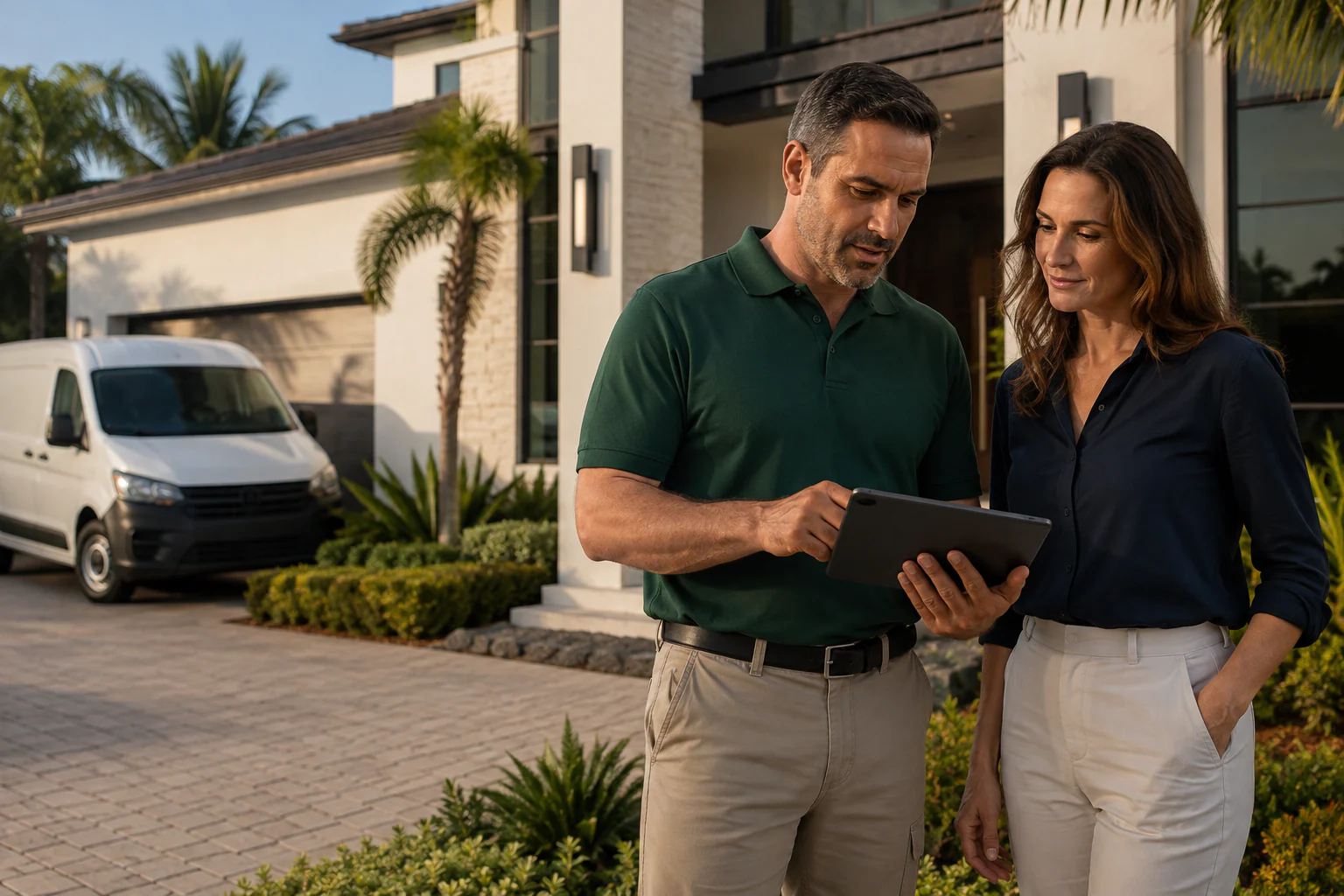 Home-services owner reviewing an inspection plan with a homeowner